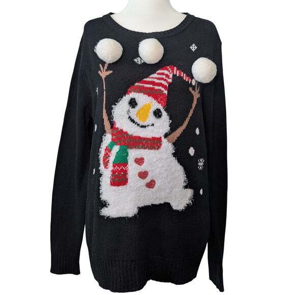 Belle Du Jour Black Knit Long Sleeve Juggling Snowman Ugly Christmas Sweater XL - Picture 1 of 8